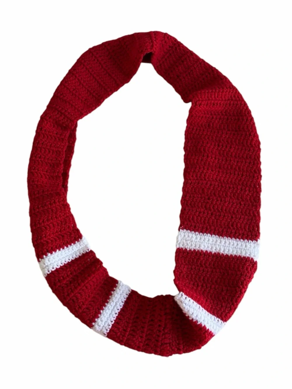 Cozy Handmade Red Infinity Crochet Scarf with White Accent Stripes